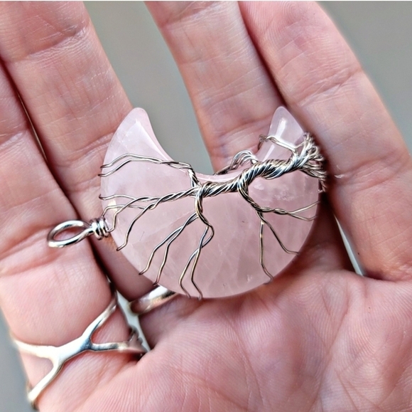Rose Quartz ✦ Moon Crystal Necklace ✦ Wire‑Wrapped Tree of Life Pendant NWT - Picture 5 of 14